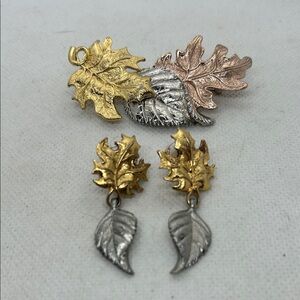 Gold and Silver Leaf Jewelry Set- Broach and Earrings